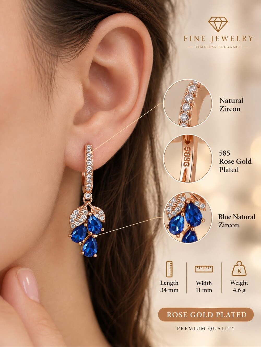 Rose Gold Sapphire Teardrop Leaf Drop Earrings